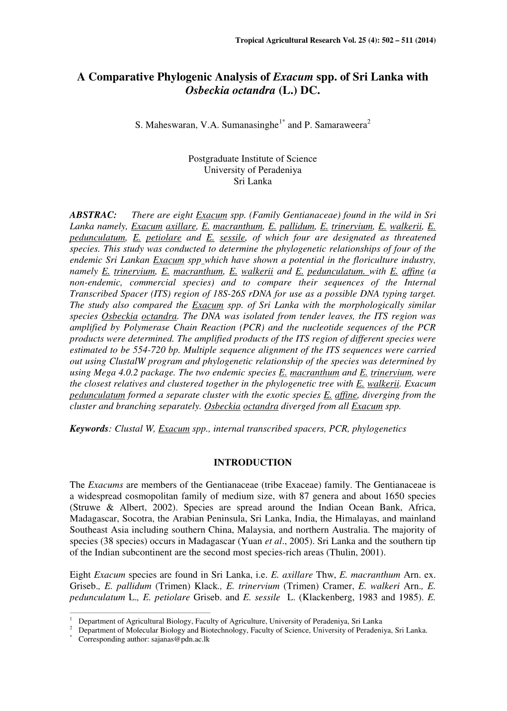 A Comparative Phylogenic Analysis of Exacum Spp. of Sri Lanka with Osbeckia Octandra (L.) DC