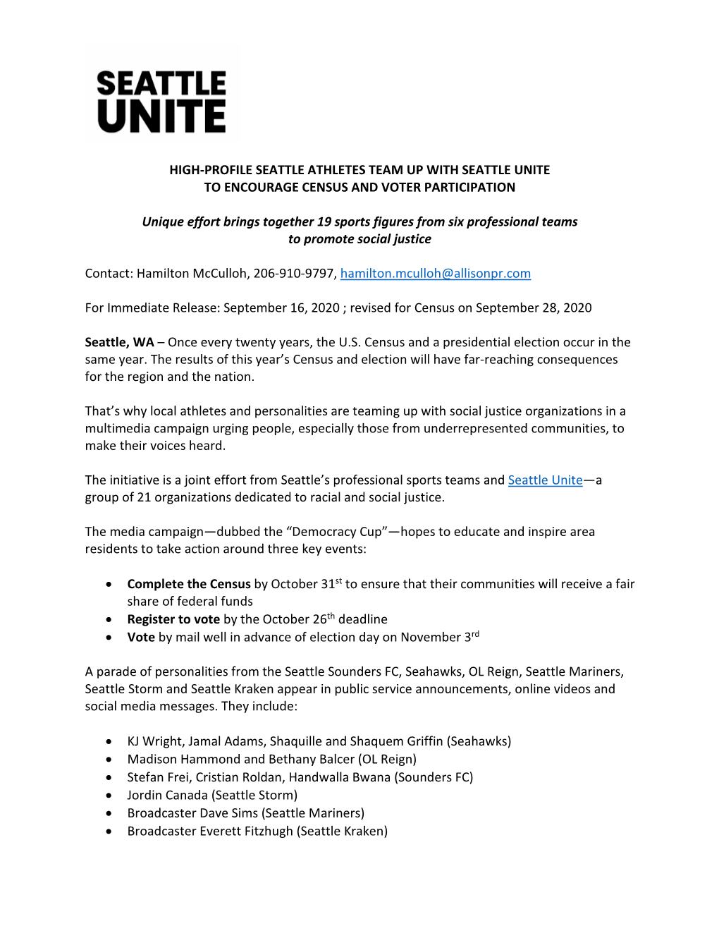 HIGH-PROFILE SEATTLE ATHLETES TEAM up with SEATTLE UNITE to ENCOURAGE CENSUS and VOTER PARTICIPATION Unique Effort Brings Toget