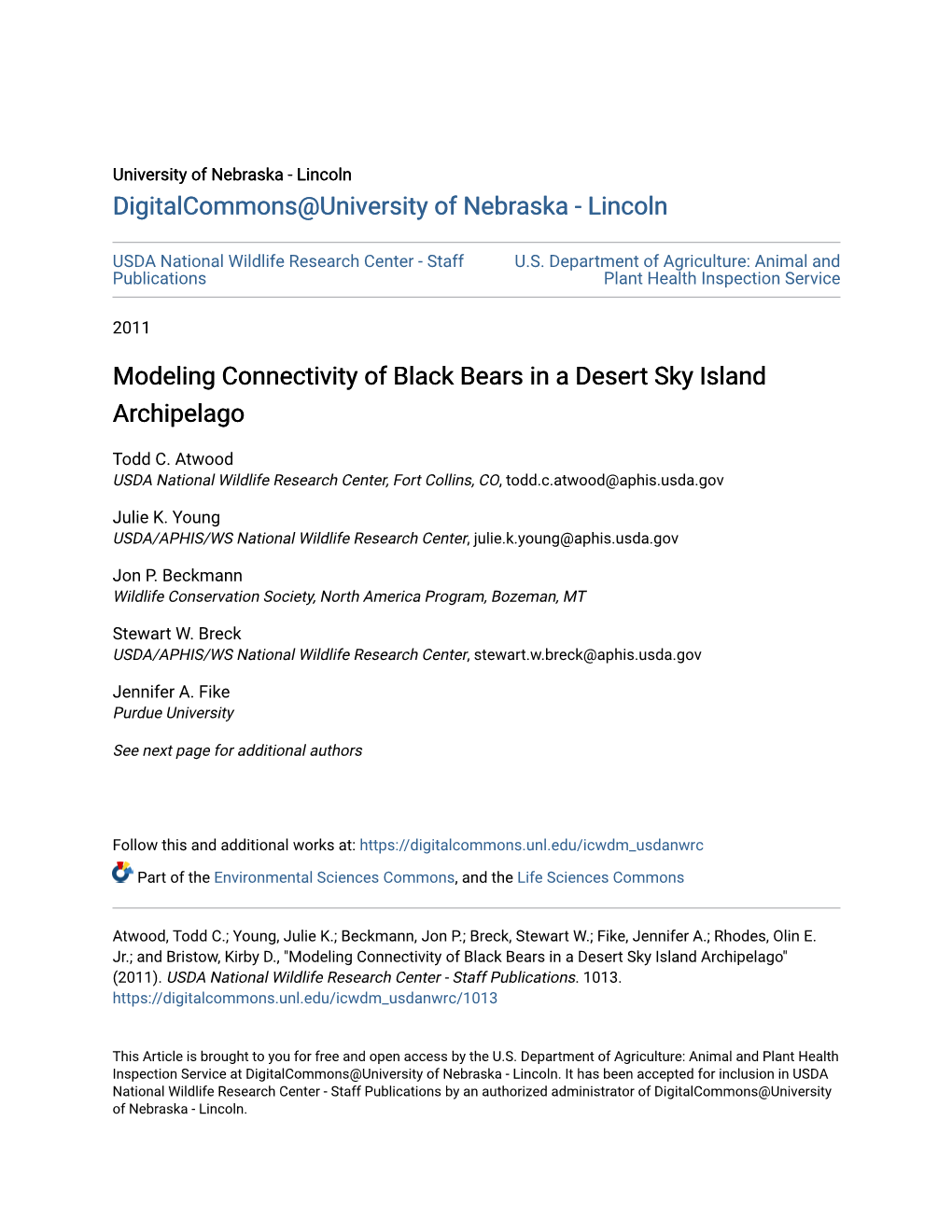 Modeling Connectivity of Black Bears in a Desert Sky Island Archipelago