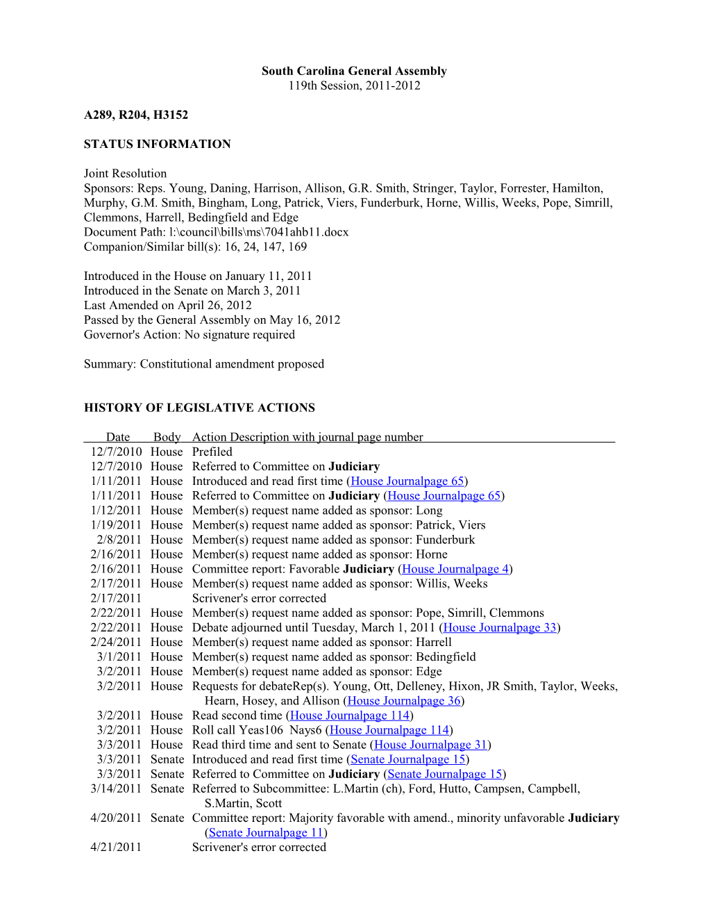 2011-2012 Bill 3152: Constitutional Amendment Proposed - South Carolina Legislature Online