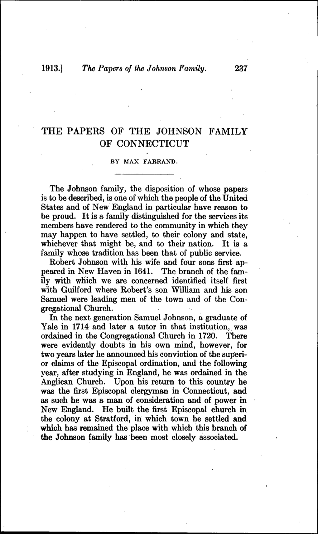 The Papers of the Johnson Family of Connecticut