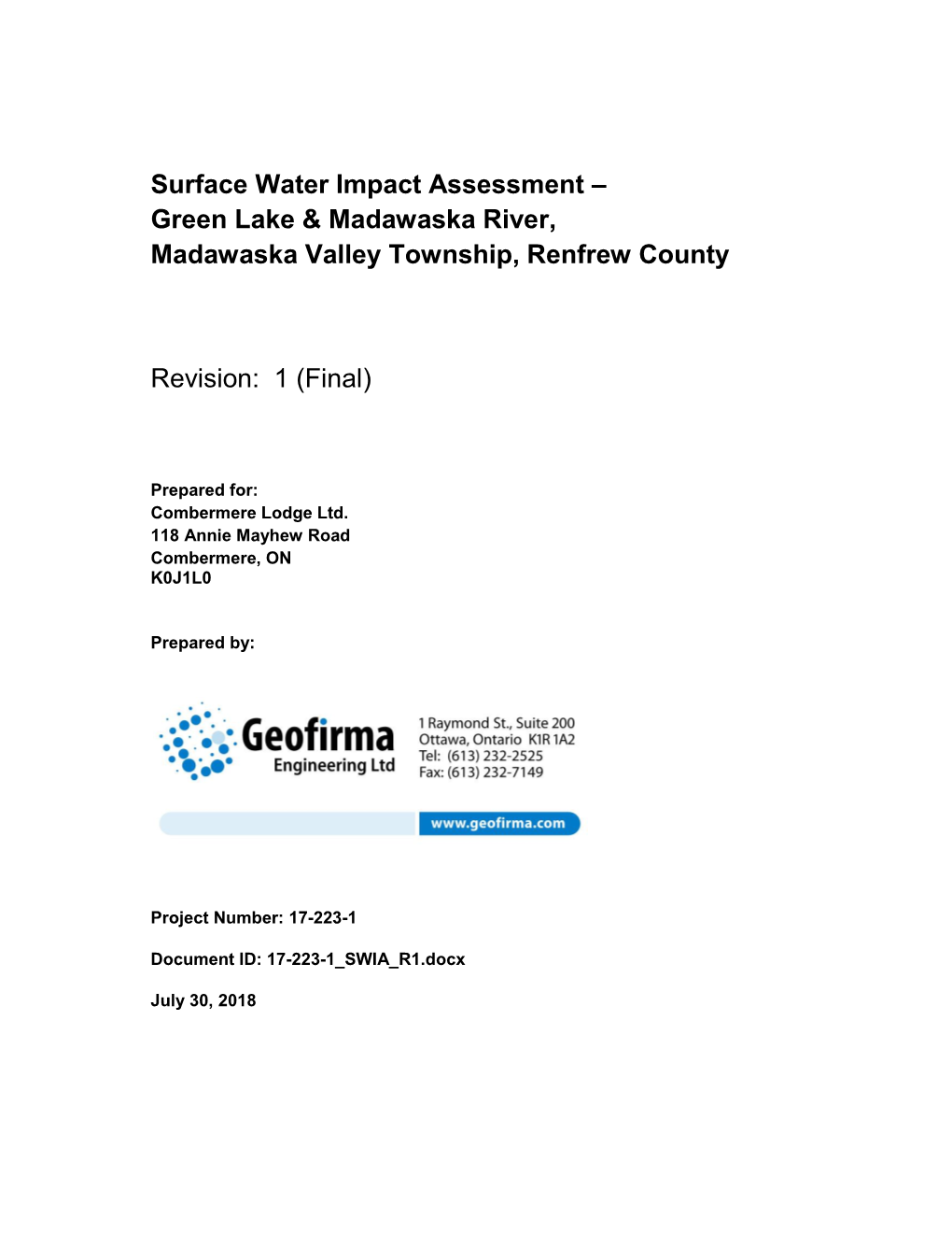 Surface Water Impact Assessment – Green Lake & Madawaska River