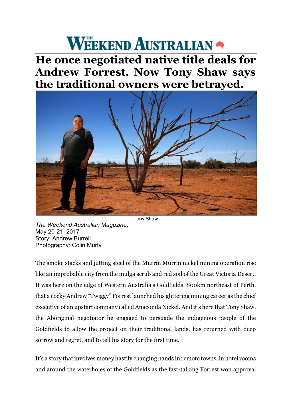 He Once Negotiated Native Title Deals for Andrew Forrest. Now Tony Shaw Says the Traditional Owners Were Betrayed