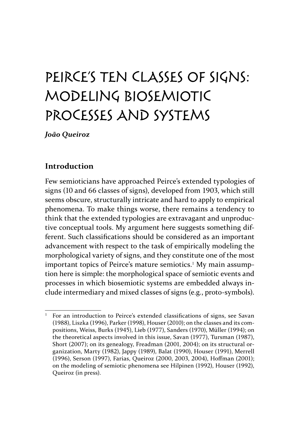 Peirce's Ten Classes of Signs: Modeling Biosemiotic Processes