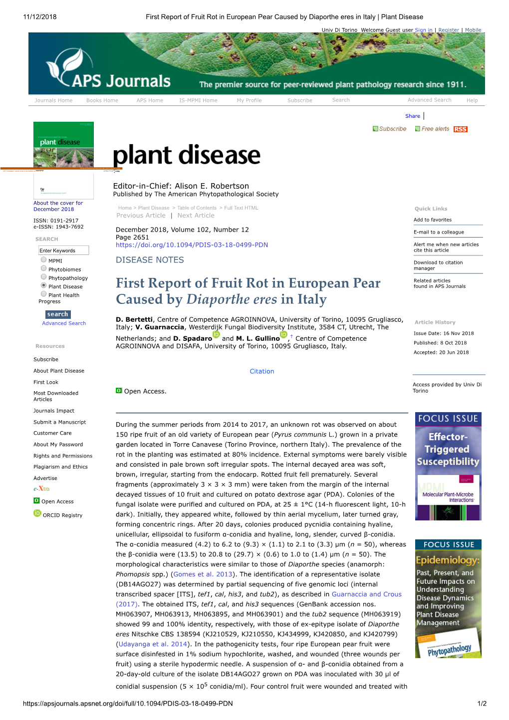 First Report of Fruit Rot in European Pear Caused by Diaporthe Eres in Italy | Plant Disease