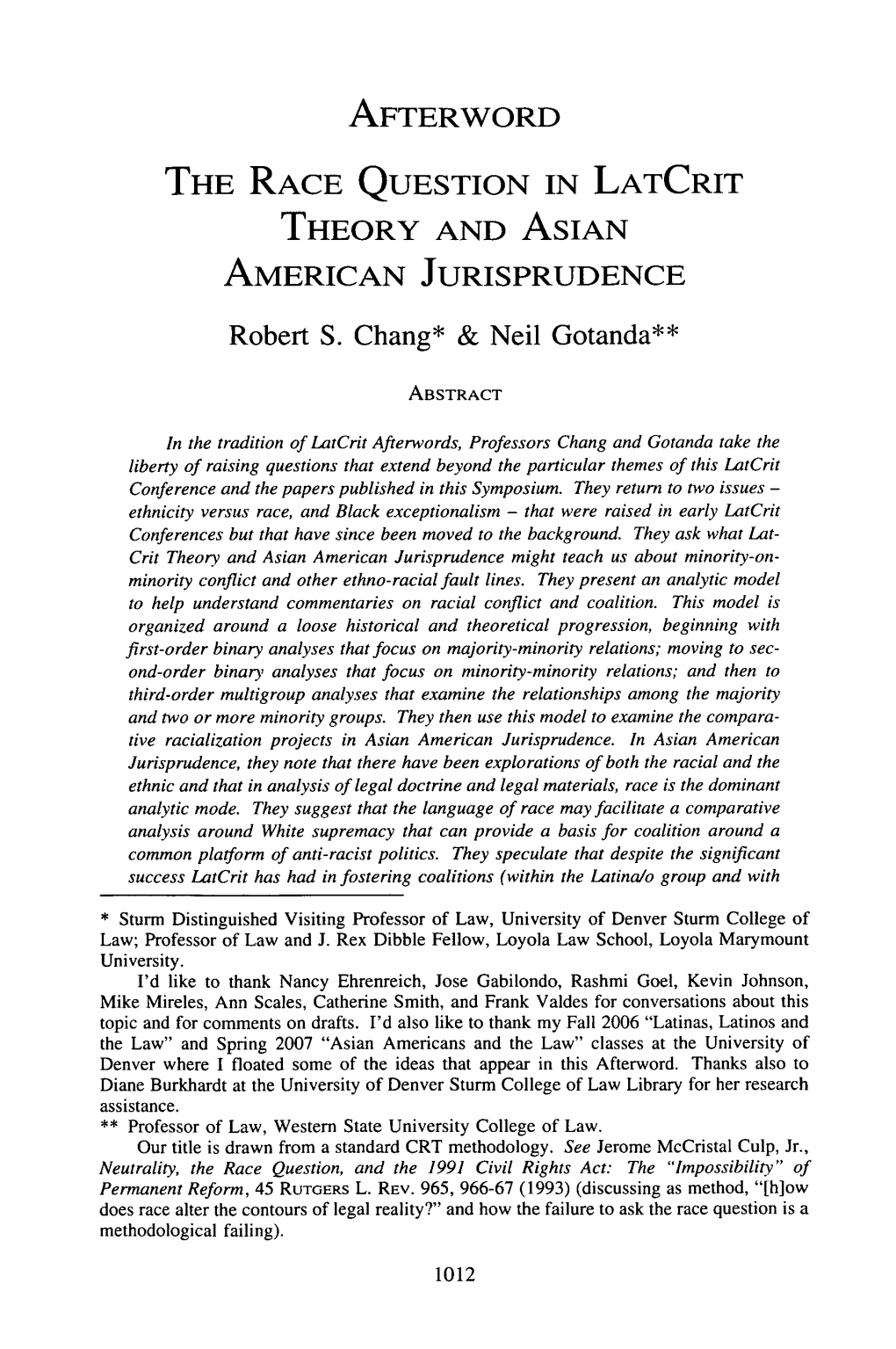 The Race Question in Latcrit Theory and Asian American Jurisprudence