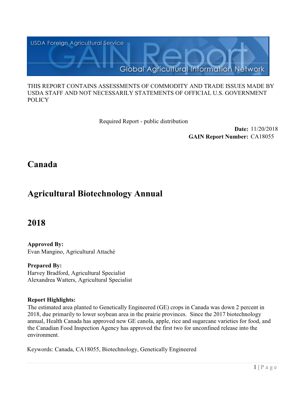 Canada Agricultural Biotechnology Annual 2018