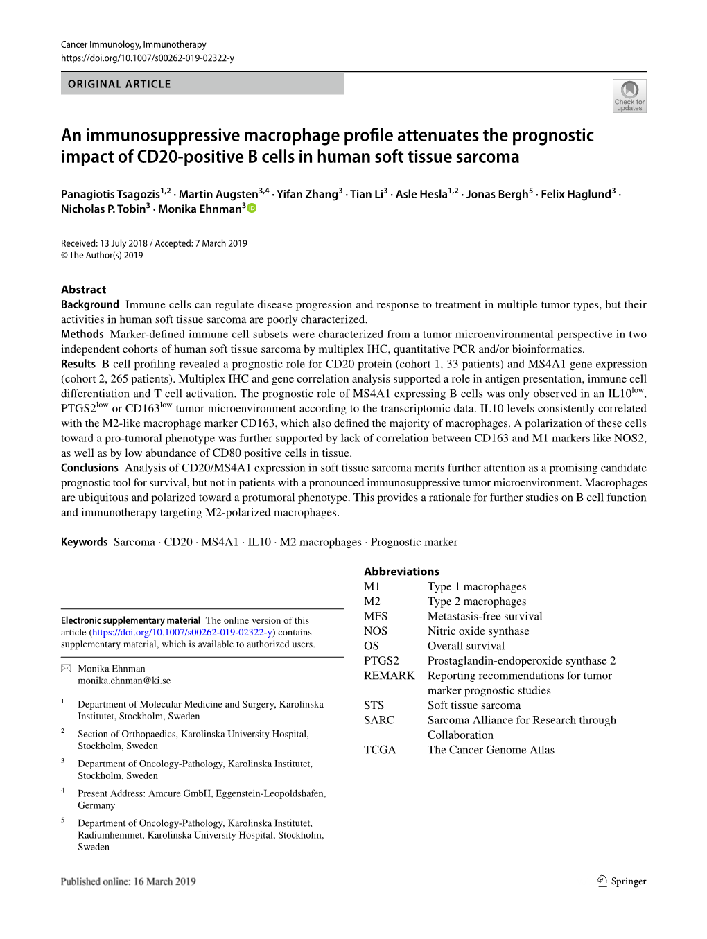 An Immunosuppressive Macrophage Profile Attenuates the Prognostic Impact of CD20-Positive B Cells in Human Soft Tissue Sarcoma