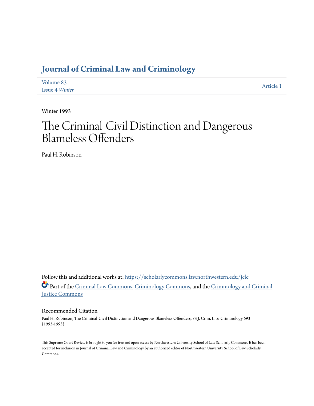 The Criminal-Civil Distinction and Dangerous Blameless Offenders