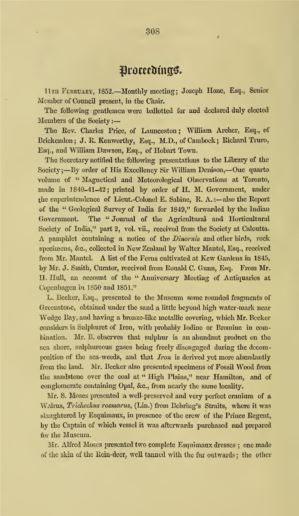 Proceedings Royal Society of Van Diemen's Land, 1852