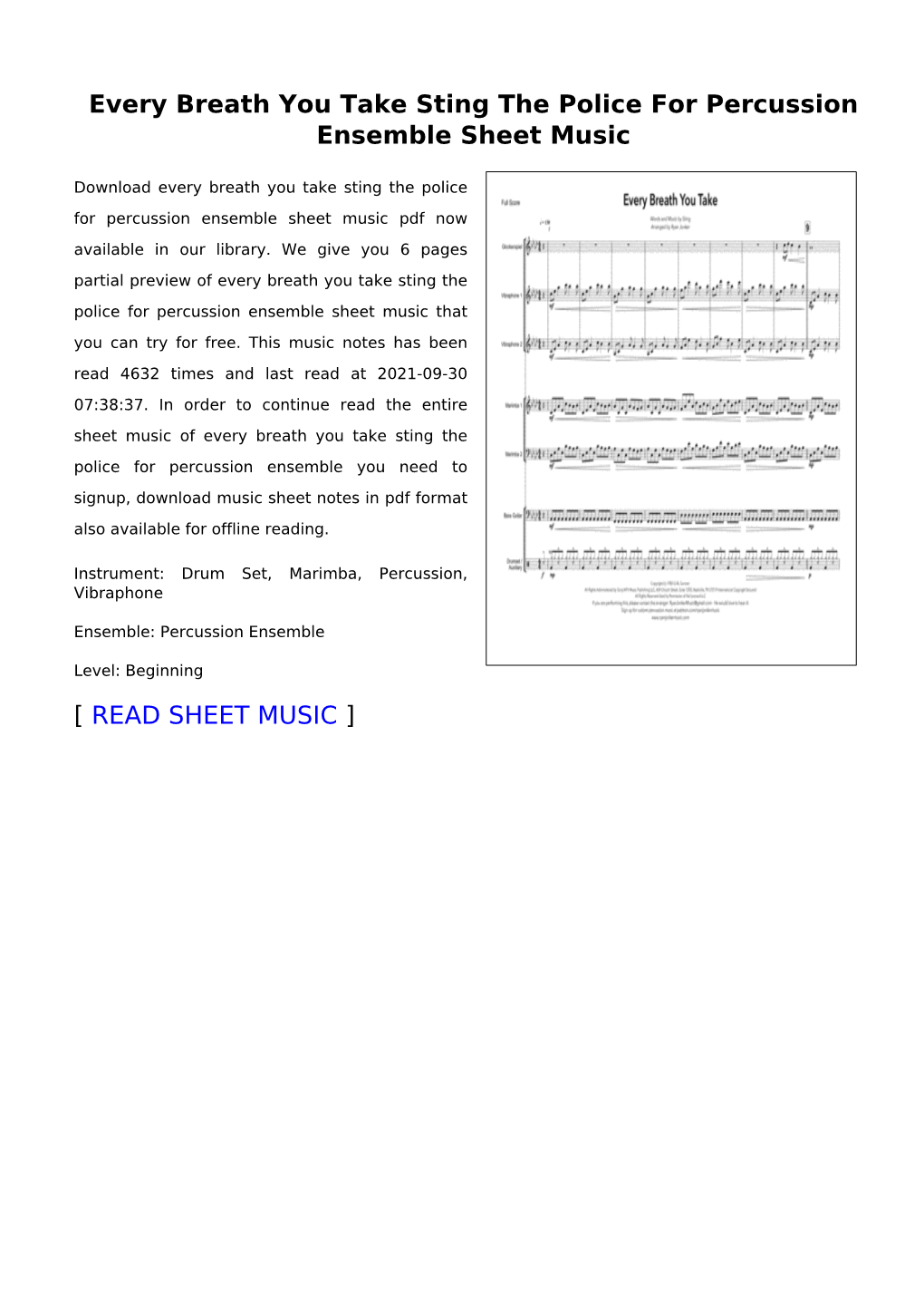 Every Breath You Take Sting the Police for Percussion Ensemble Sheet Music