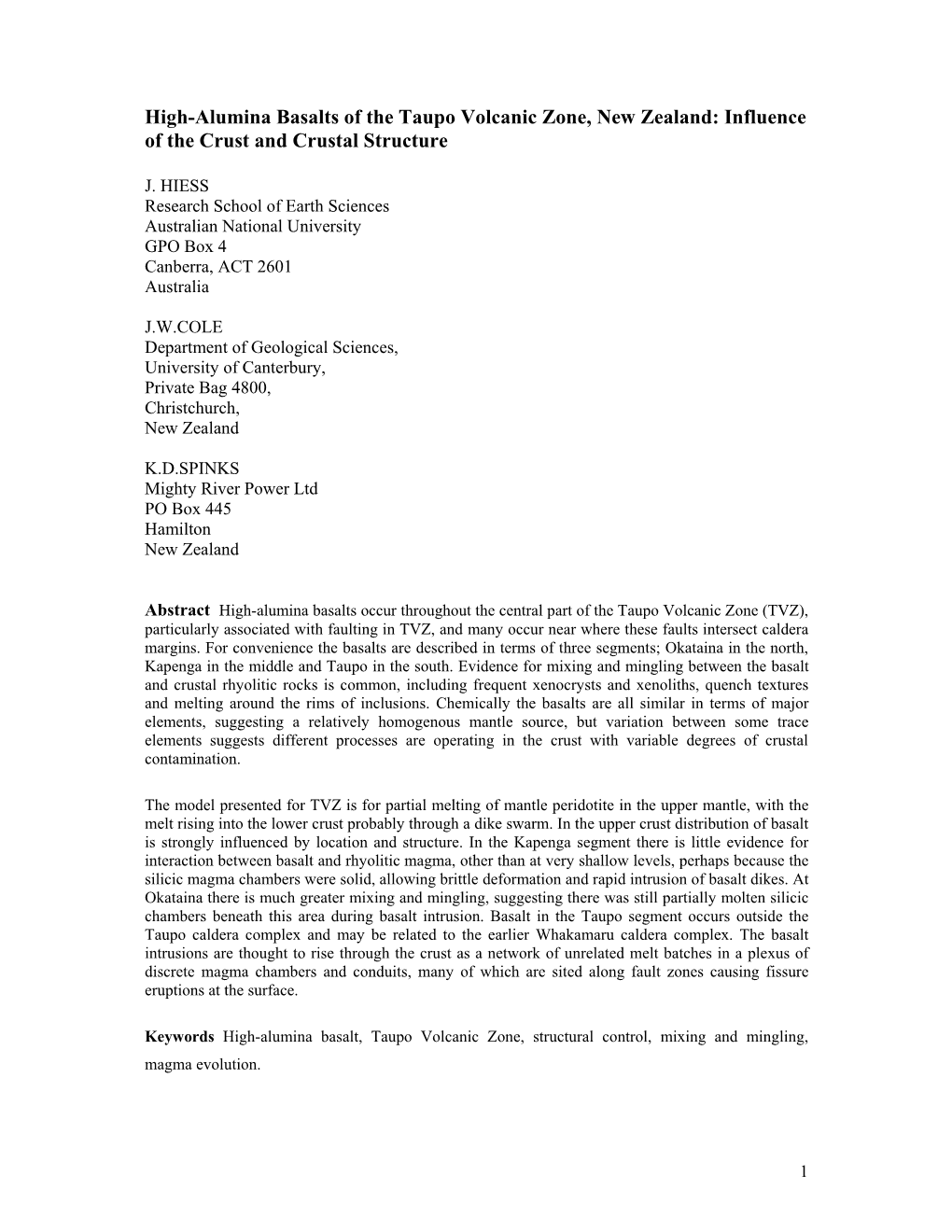 High-Alumina Basalts of the Taupo Volcanic Zone, New Zealand: Influence of the Crust and Crustal Structure