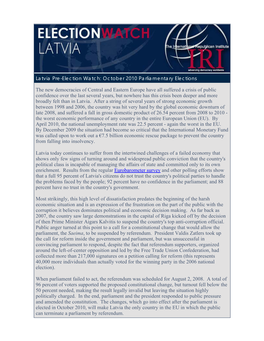 Latvia Pre-Election Watch: October 2010 Parliamentary Elections The