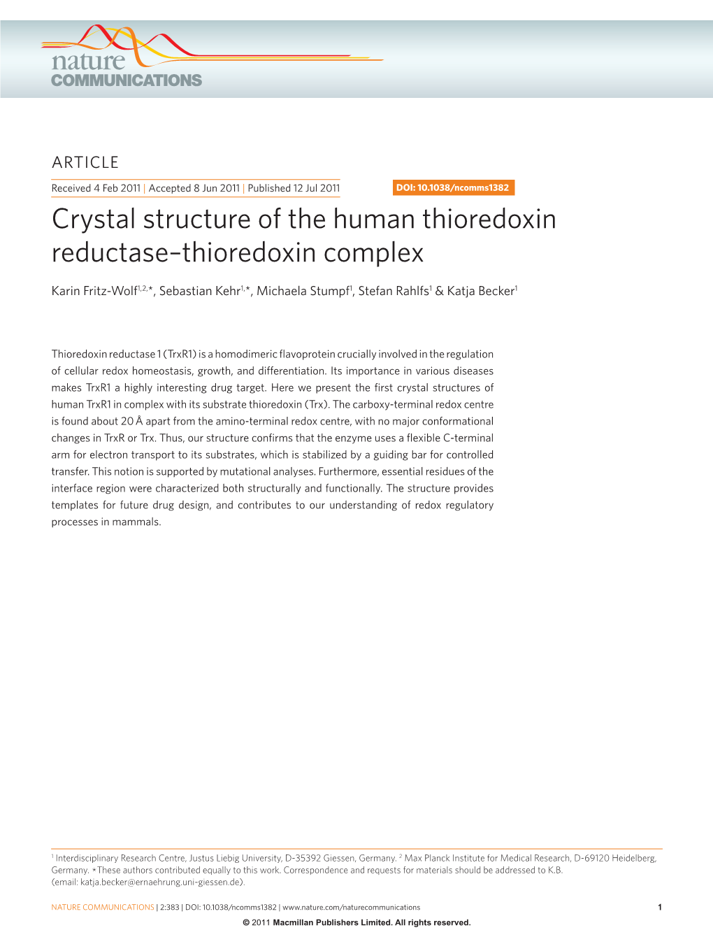 Crystal Structure of the Human Thioredoxin Reductase&Ndash