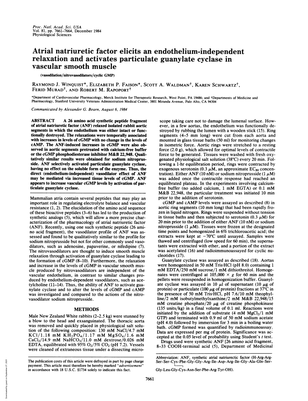 Atrial Natriuretic Factor Elicits an Endothelium-Independent Relaxation and Activates Particulate Guanylate Cyclase In