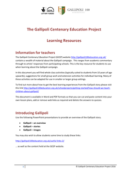 The Gallipoli Centenary Education Project Learning Resources