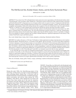 The Old Kiavak Site, Kodiak Island, Alaska, and the Early Kachemak Phase DONALD W