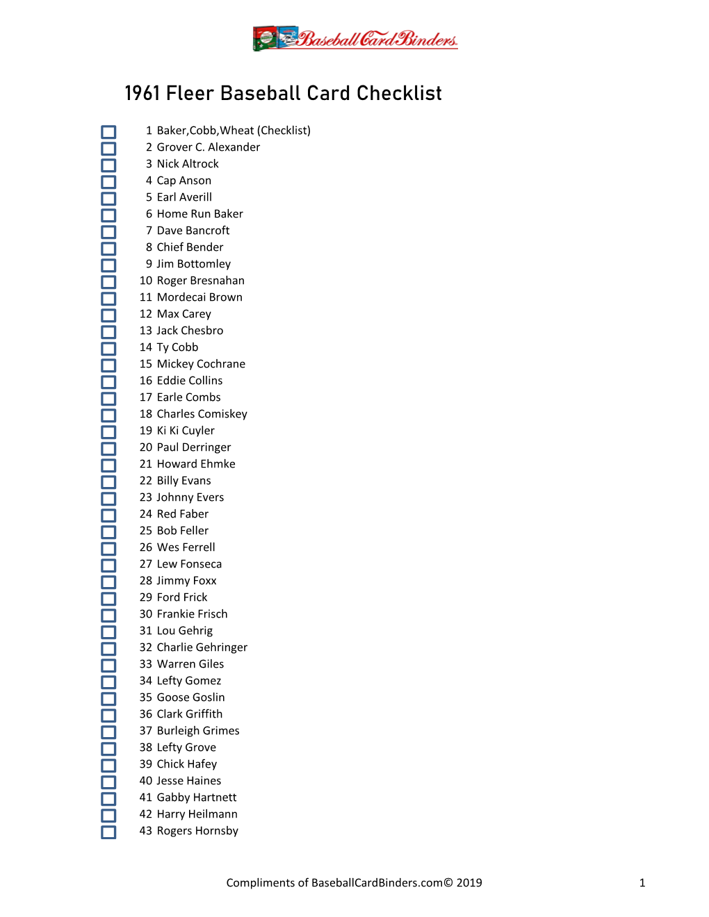 1961 Fleer Baseball Card Checklist