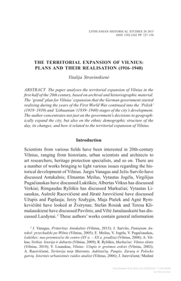 THE TERRITORIAL EXPANSION of VILNIUS: PLANS and THEIR REALISATION (1916–1940) Vitalija Stravinskienė
