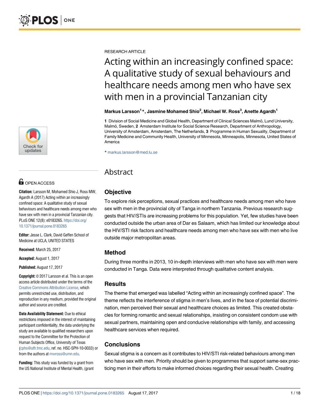 A Qualitative Study of Sexual Behaviours and Healthcare Needs Among Men Who Have Sex with Men in a Provincial Tanzanian City