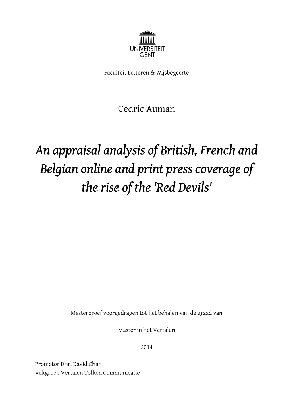 An Appraisal Analysis of British, French and Belgian Online and Print Press Coverage of the Rise of the 'Red Devils'