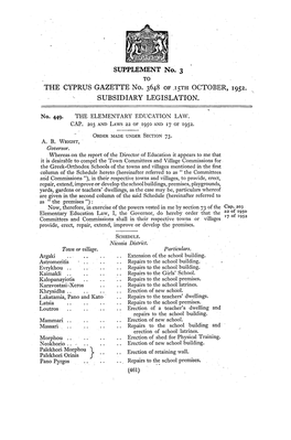 SUPPLEMENT No. 3 Το the CYPRUS GAZETTE No. 3648 of .15TH OCTOBER, 1952