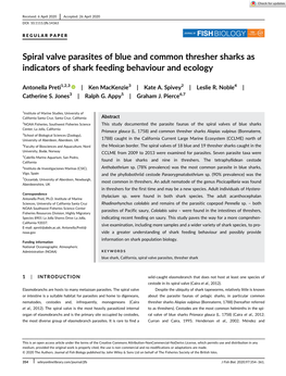 Spiral Valve Parasites of Blue and Common Thresher Sharks As Indicators of Shark Feeding Behaviour and Ecology