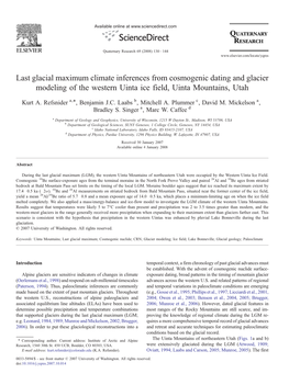 Last Glacial Maximum Climate Inferences from Cosmogenic Dating and Glacier Modeling of the Western Uinta Ice Field, Uinta Mountains, Utah ⁎ Kurt A