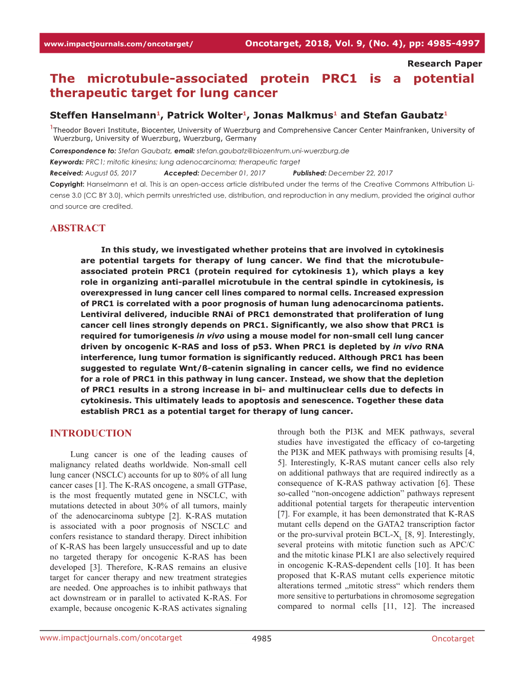 The Microtubule-Associated Protein PRC1 Is a Potential Therapeutic Target for Lung Cancer