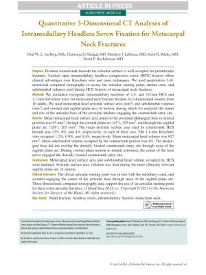 Quantitative 3-Dimensional CT Analyses of Intramedullary Headless Screw Fixation for Metacarpal Neck Fractures