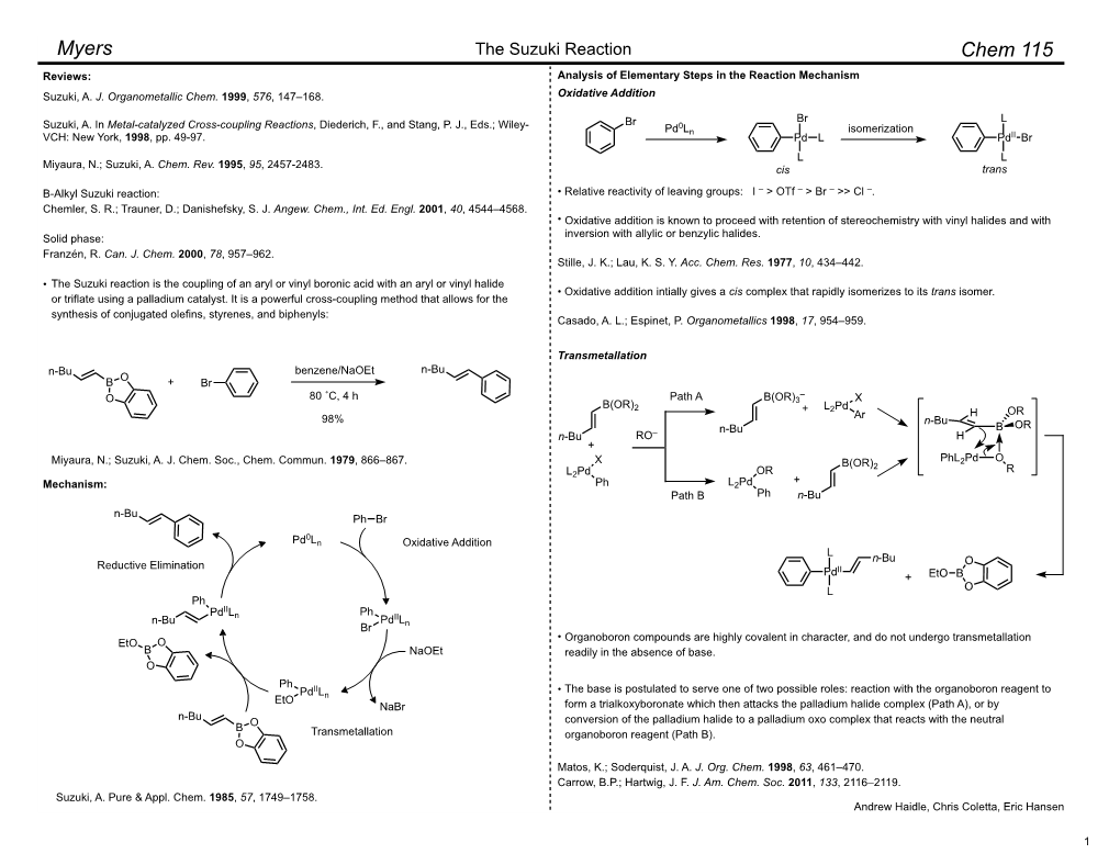 The Suzuki Reaction Chem 115 Reviews: Analysis of Elementary Steps in the Reaction Mechanism Suzuki, A