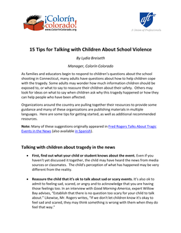 15 Tips for Talking with Children About School Violence by Lydia Breiseth Manager, Colorín Colorado