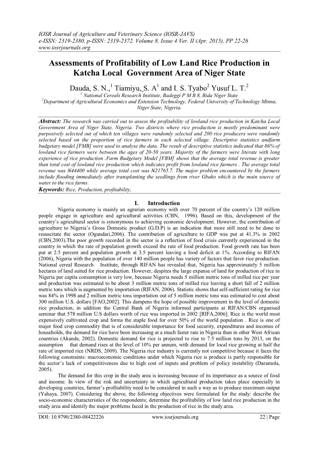 Assessments of Profitability of Low Land Rice Production in Katcha Local Government Area of Niger State