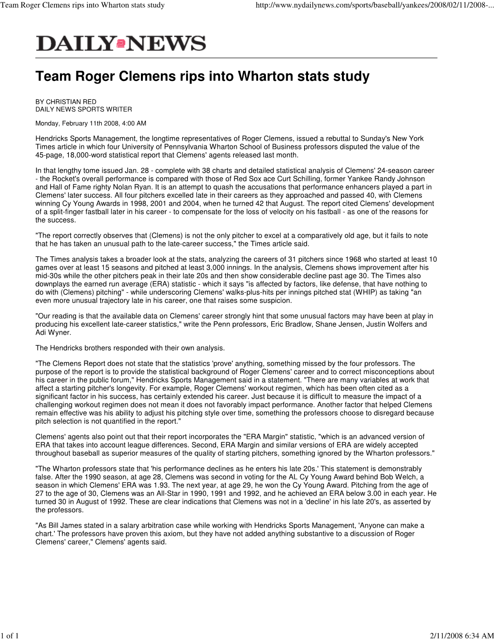 Team Roger Clemens Rips Into Wharton Stats Study