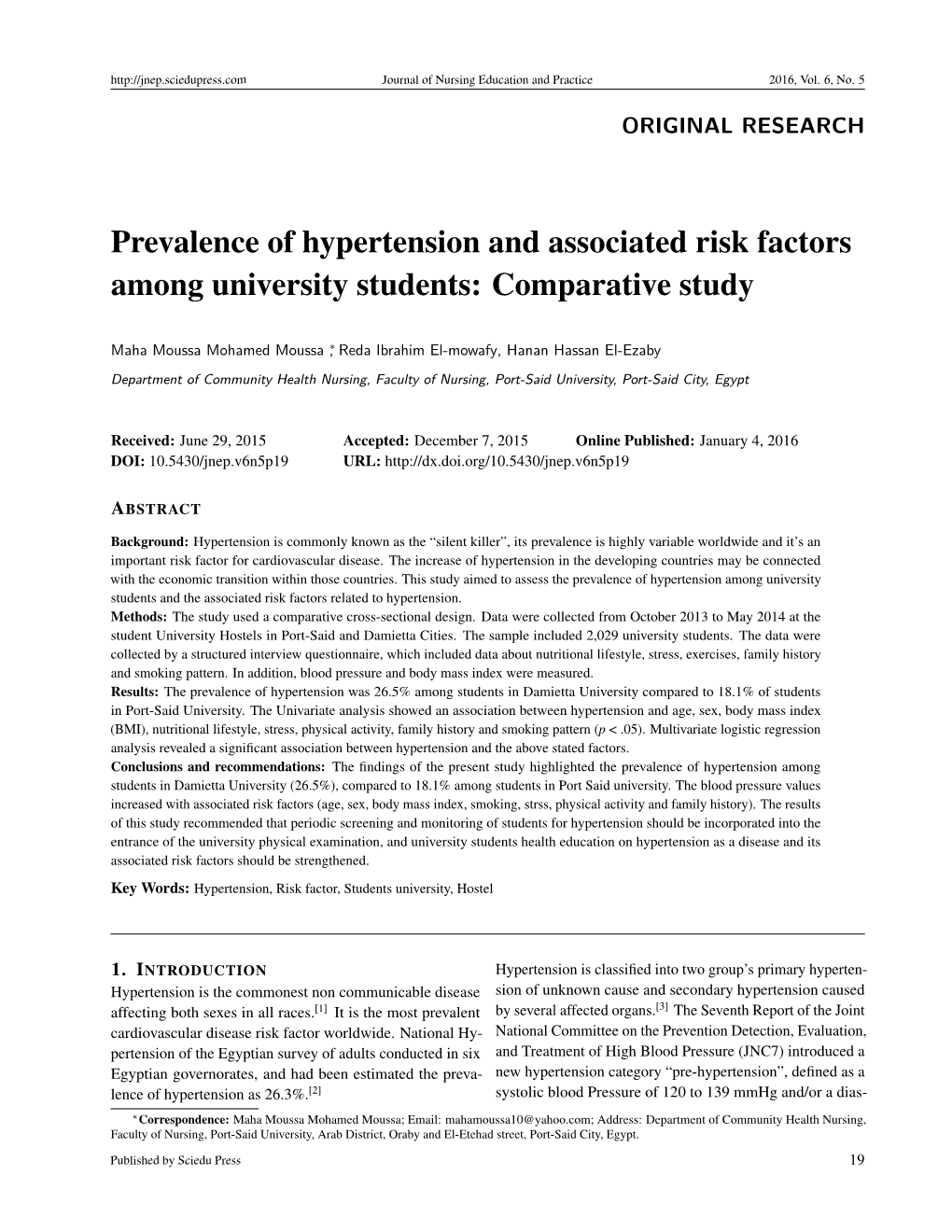 Prevalence of Hypertension and Associated Risk Factors Among University Students: Comparative Study