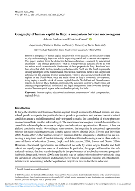 Geography of Human Capital in Italy: a Comparison Between Macro-Regions Alberto Baldissera and Federica Cornali*