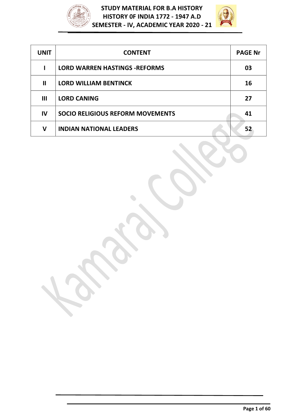 Study Material for Ba History History 0F India 1772