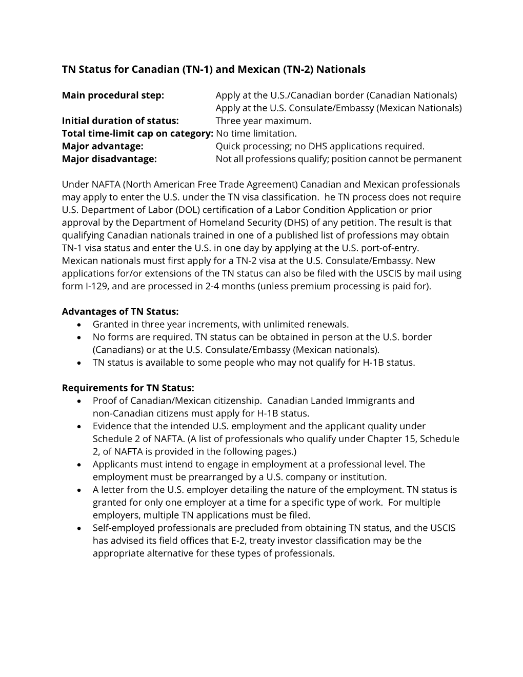 TN Status for Canadian (TN-1) and Mexican (TN-2) Nationals