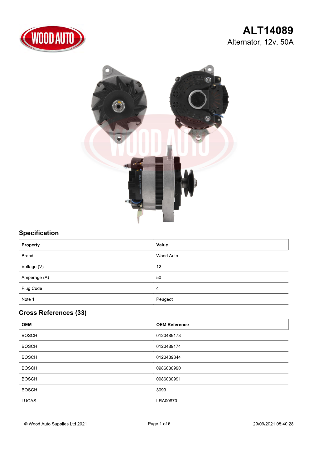 ALT14089 Alternator, 12V, 50A