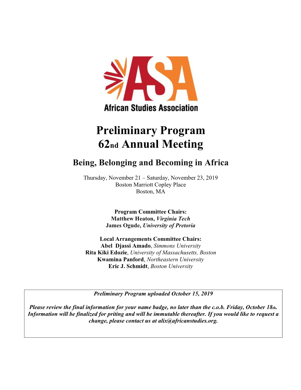 2019 Annual Meeting Final Preliminary Program
