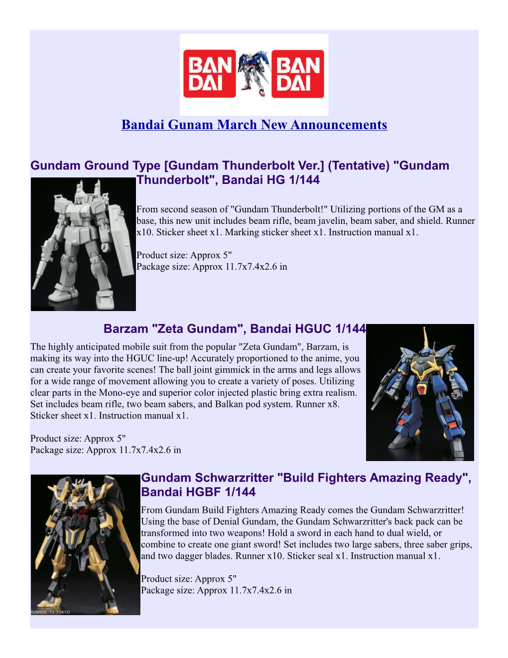 Bandai Gunam March New Announcements