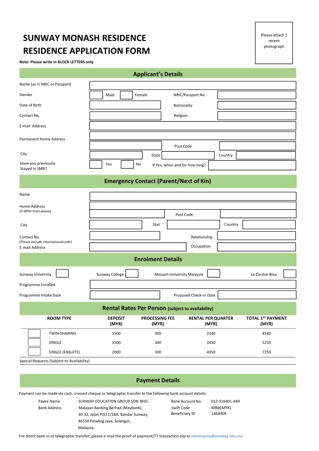 Sunway Monash Residence Residence Application Form