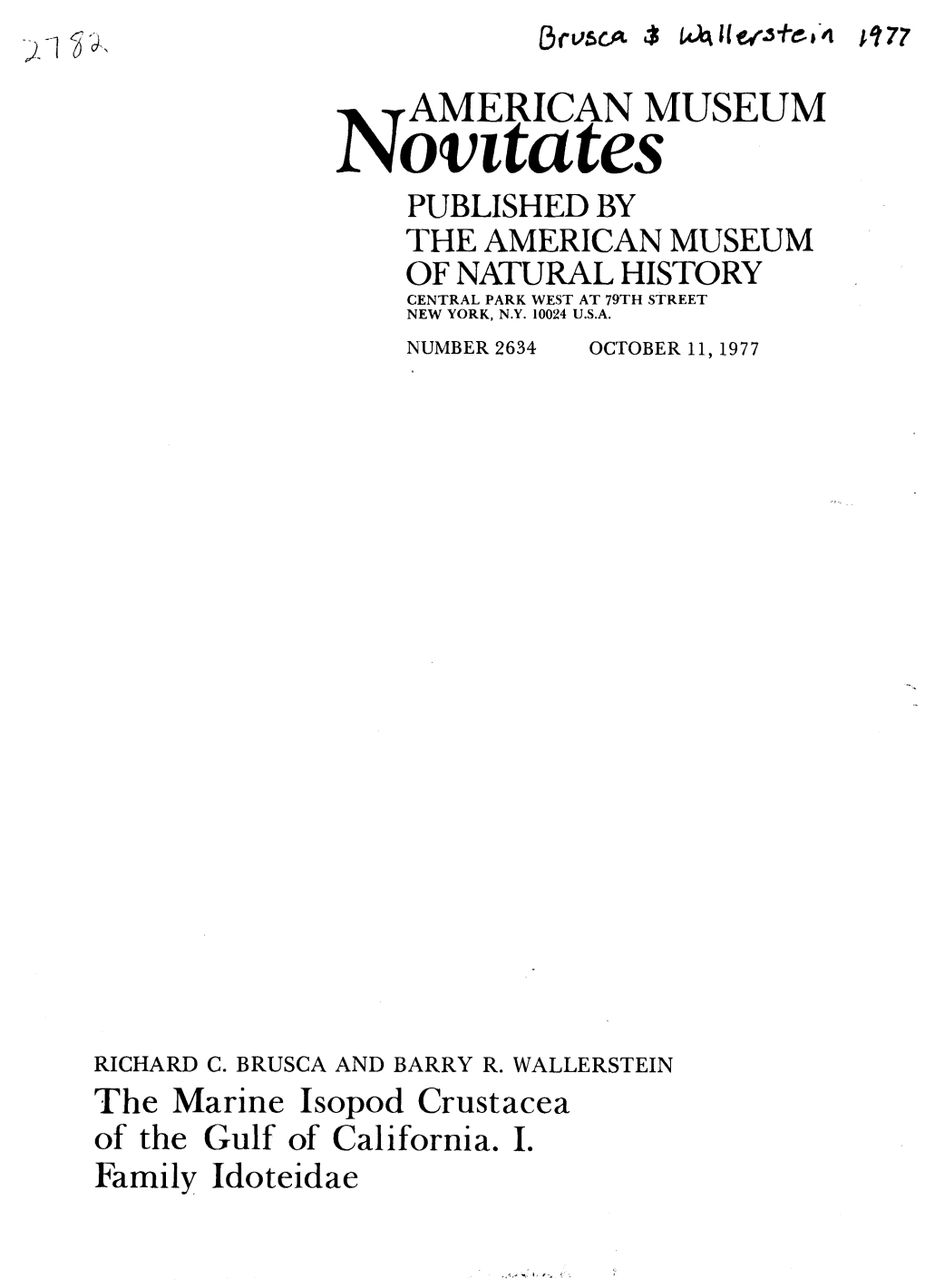 Novitatesxt AMERICAN MUSEU M PUBLISHED by the AMERICAN MUSEUM of NATURAL HISTORY CENTRAL PARK WEST at 79TH STREET NEW YORK, N.Y