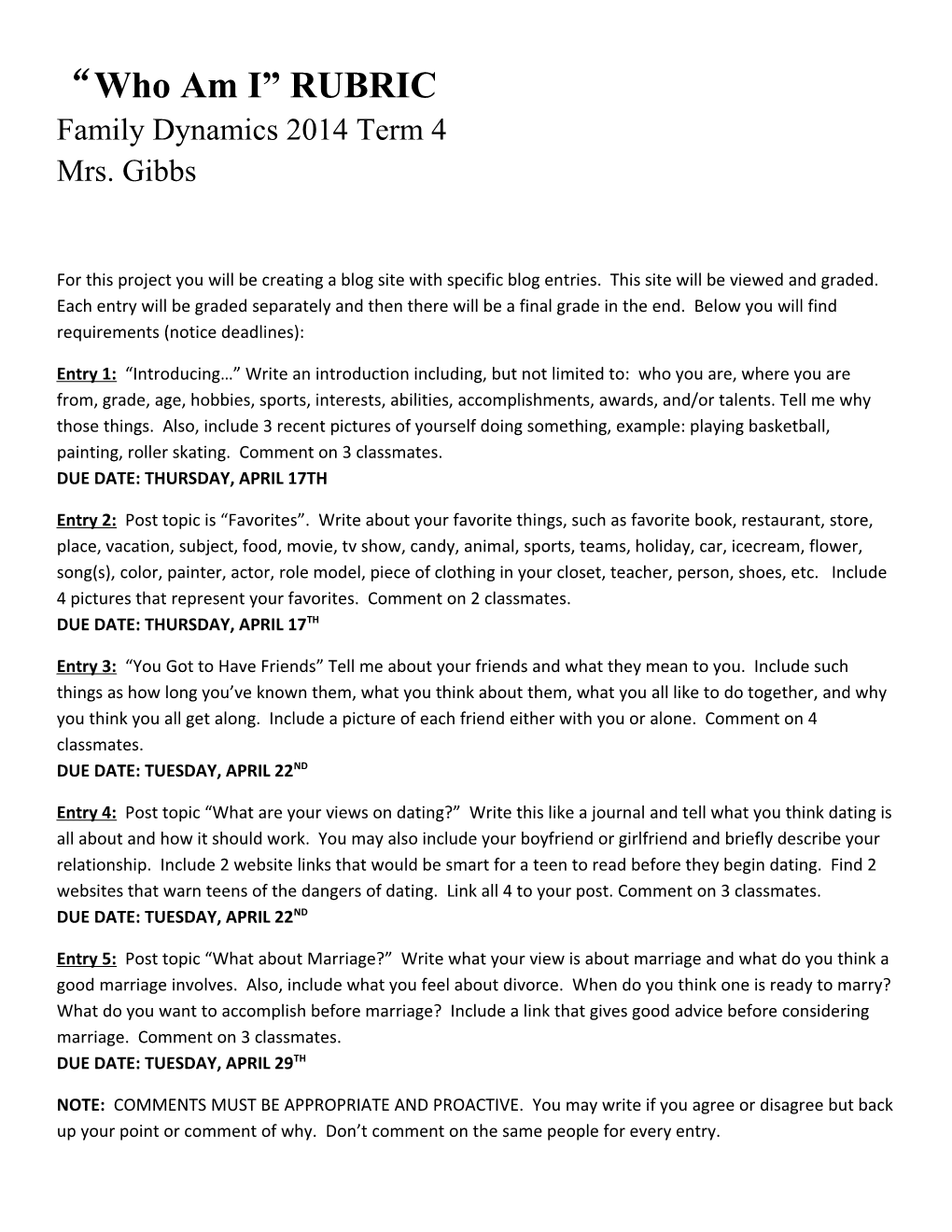 Who Am I RUBRIC Family Dynamics 2014 Term 4 Mrs. Gibbs