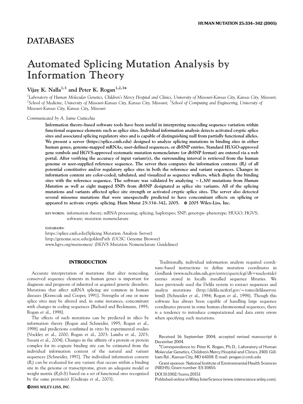 Automated Splicing Mutation Analysis by Information Theory