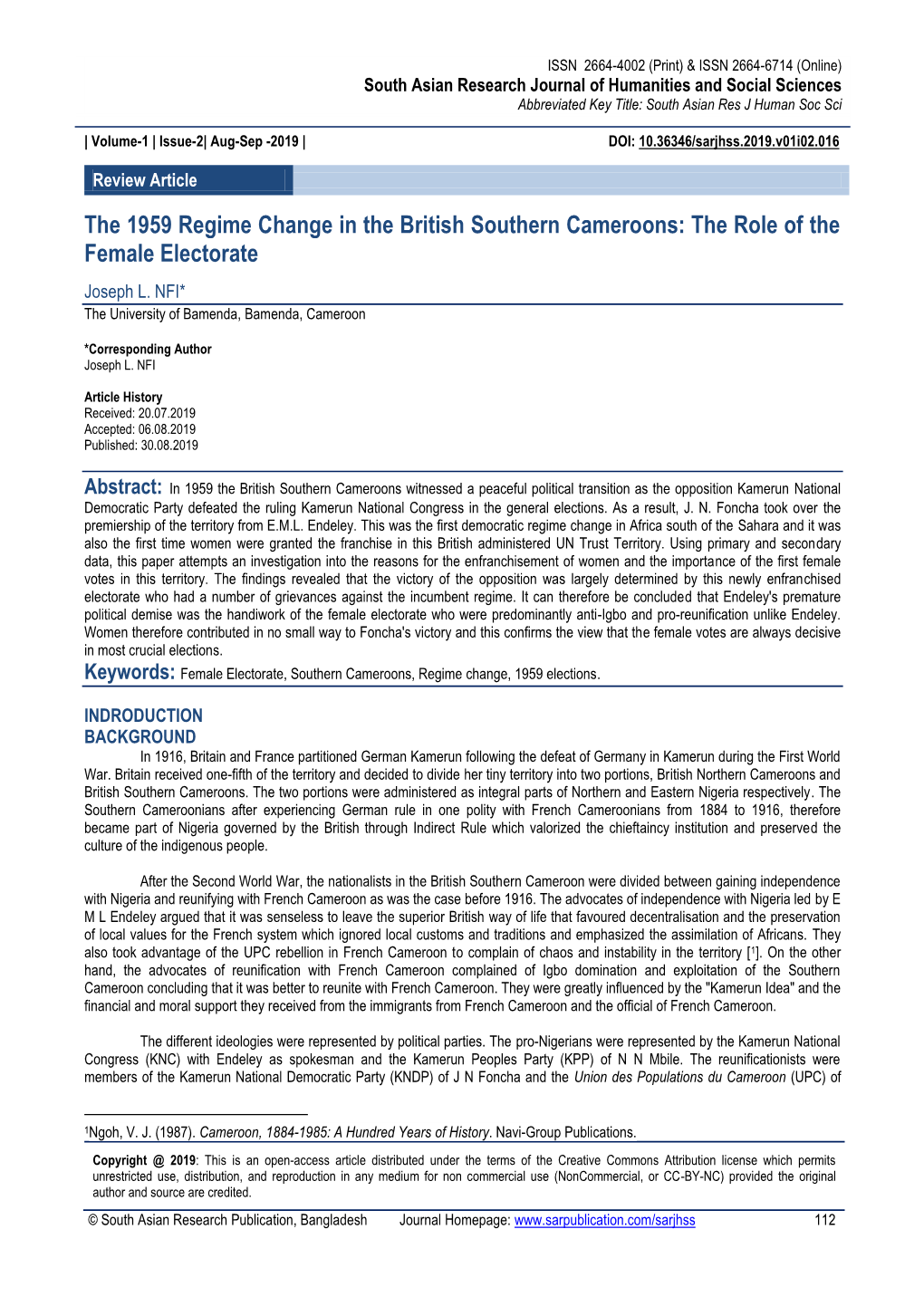 The 1959 Regime Change in the British Southern Cameroons: the Role of the Female Electorate