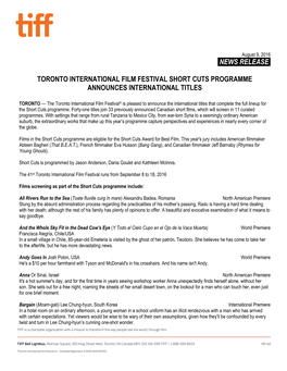 News Release. Toronto International Film