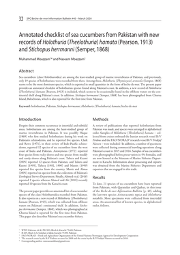 Annotated Checklist of Sea Cucumbers from Pakistan with New Records of Holothuria (Theelothuria) Hamata (Pearson, 1913) and Stichopus Herrmanni (Semper, 1868)
