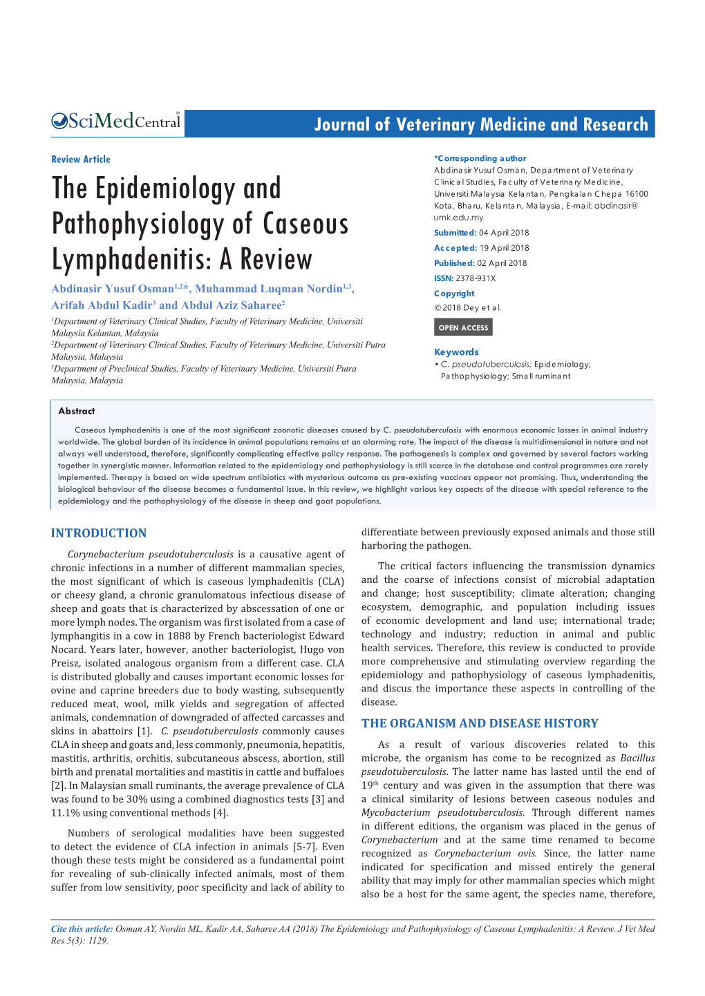 The Epidemiology and Pathophysiology of Caseous Lymphadenitis: a Review