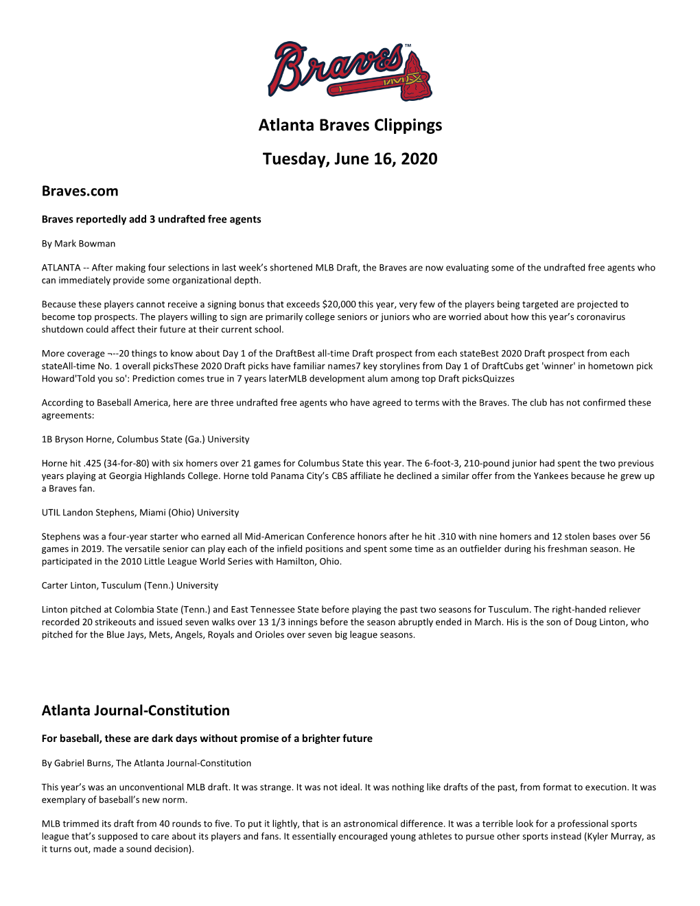 Atlanta Braves Clippings Tuesday, June 16, 2020 Braves.Com